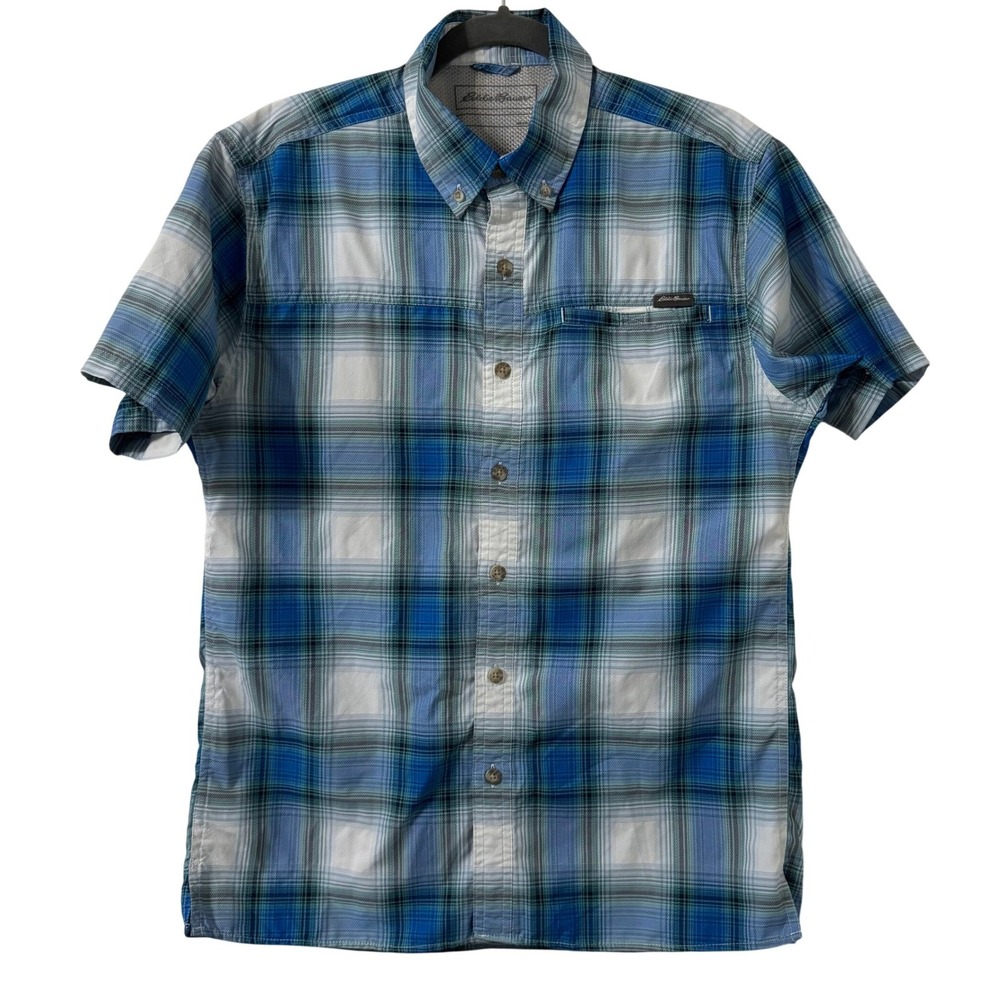 Eddie‎ Bauer Mens Shirt S Blue Short Sleeve Plaid Button Down Hiking Gorpcore